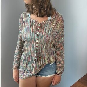 Crochet Knit Top Swim Cover up Dress Multi Color Open Weave Tassel S/M